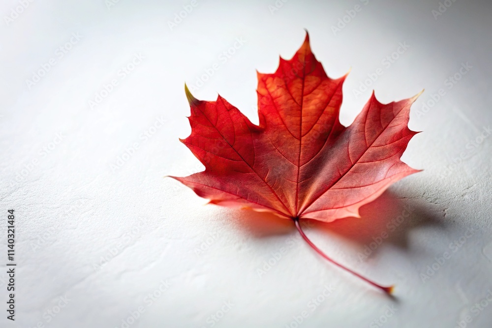 Wall mural single red maple leaf against an isolated white background with shallow depth of field