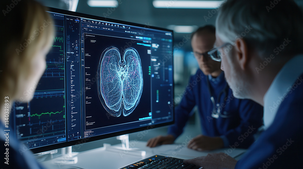 Poster scientists analyzing digital model of human lungs on computer screen in laboratory
