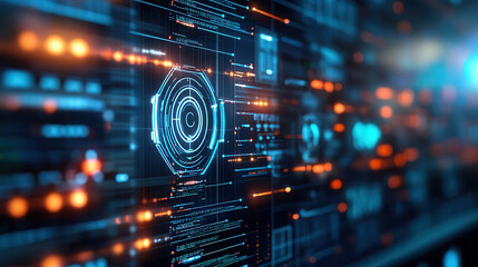 futuristic digital interface with glowing data panels and holographic elements, showcasing advanced technology and innovation