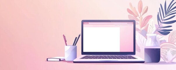 Computer home laptop workspace concept. Creative writing setup, laptop and pen holder, flat design illustration