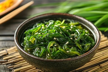 Korean miyeokguk recipe featuring hot beef soup with wakame Set against a bamboo backdrop highlighting 2023 s algae food trend