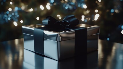 A beautifully wrapped gift box with a black ribbon, set against a festive background.