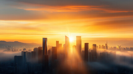 Fototapeta premium modern city skyline illuminated by vibrant sunrise, with sunlight piercing through skyscrapers and mist creating serene atmosphere