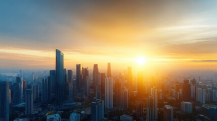 vibrant modern city skyline illuminated by golden sunrise, showcasing tall skyscrapers and urban energy