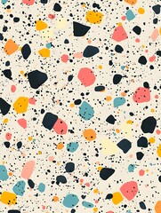 A digital pattern with small, pixelated shapes in soft pastel colors on a light gray background for a playful, modern theme