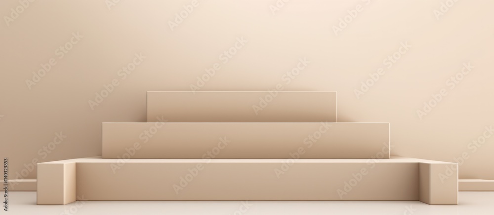 Poster minimalist display featuring stacked geometric shapes in a warm beige hue against a matching wall, e
