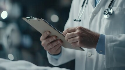 Doctor beside a modern hospital bed, holding a clipboard in a minimalistic medical environment