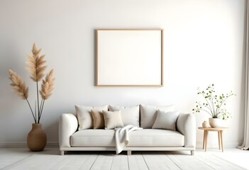 A minimalist living room with a white sofa, a framed artwork on the wall, and decorative plants