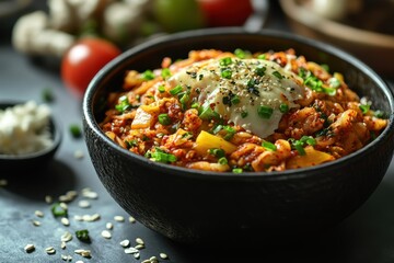 Korean style spicy instant noodles with kimchi