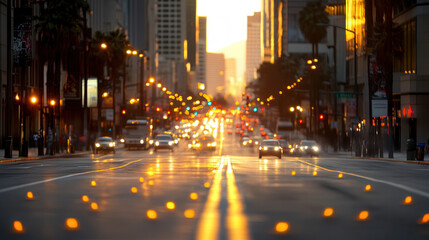 vibrant city street at sunset with glowing lights, cars, and tall buildings creating warm urban atmosphere