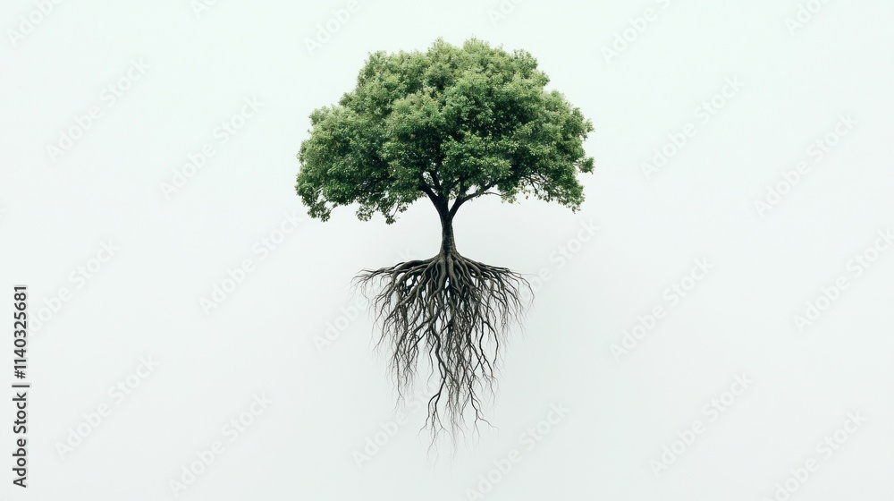 Poster a solitary tree with visible roots, symbolizing growth and connection to nature.