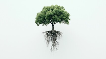 A solitary tree with visible roots, symbolizing growth and connection to nature.
