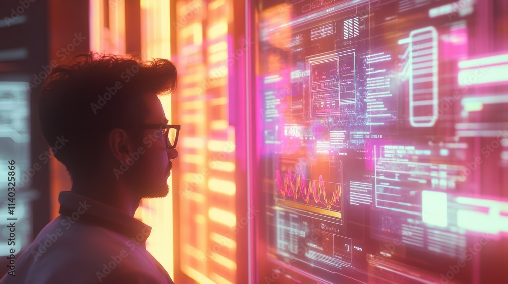 Aufkleber a person observes digital data on screens in a futuristic environment.