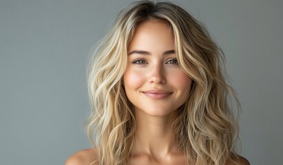 Fototapeta premium Portrait of a young woman with blonde wavy hair and natural makeup, smiling gently against a gray background.
