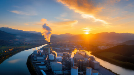 solar powered factory bustling with activity at sunrise, surrounded by mountains and river, emitting steam into vibrant morning sky