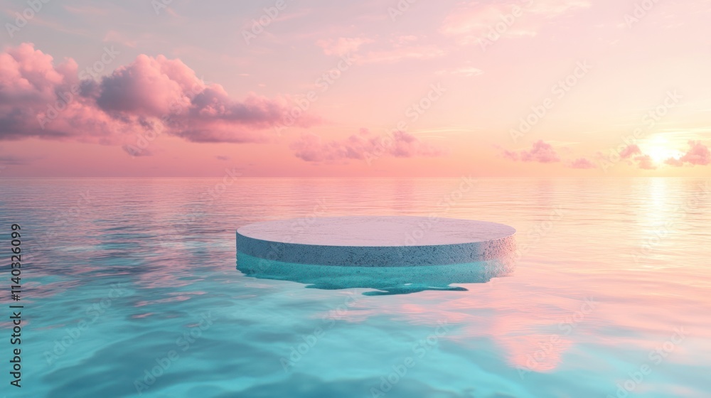 Poster a serene circular platform floats on calm waters at sunset, creating a tranquil atmosphere.