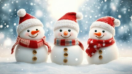 Three snowmen with Santa hats and scarves in snowy scene.