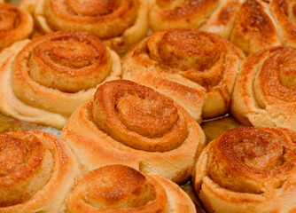 freshly made tray of cinnamon rolls, macro food background