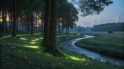 Small glowing lights illuminate a winding path through a forest at dusk, alongside a gently flowing river, with wind turbines visible in the distance, creating a serene and magical atmosphere