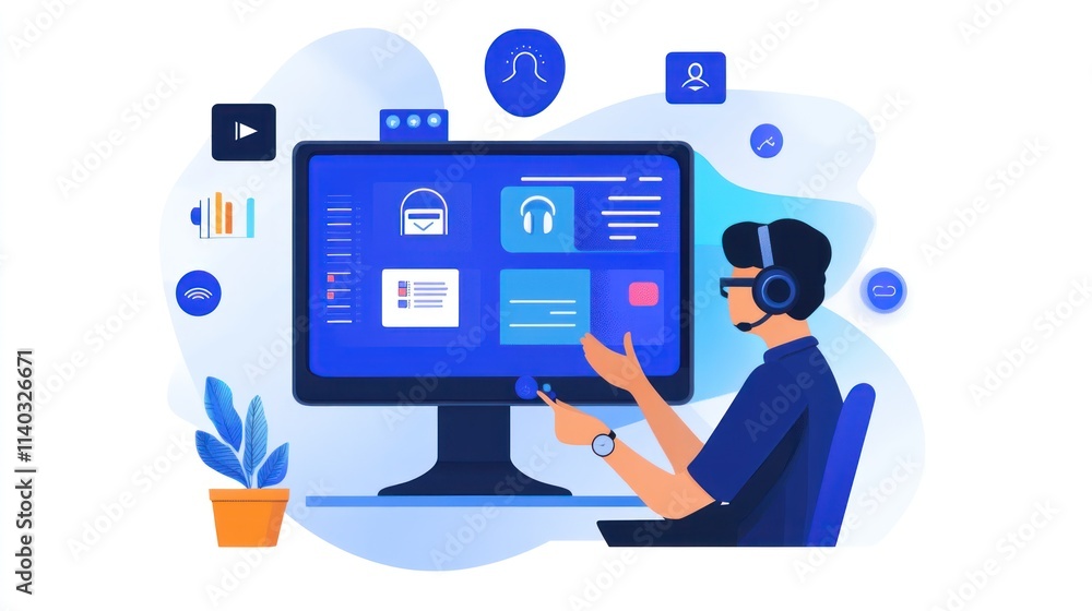 Poster a person using a computer with a headset, engaging in digital communication or support.