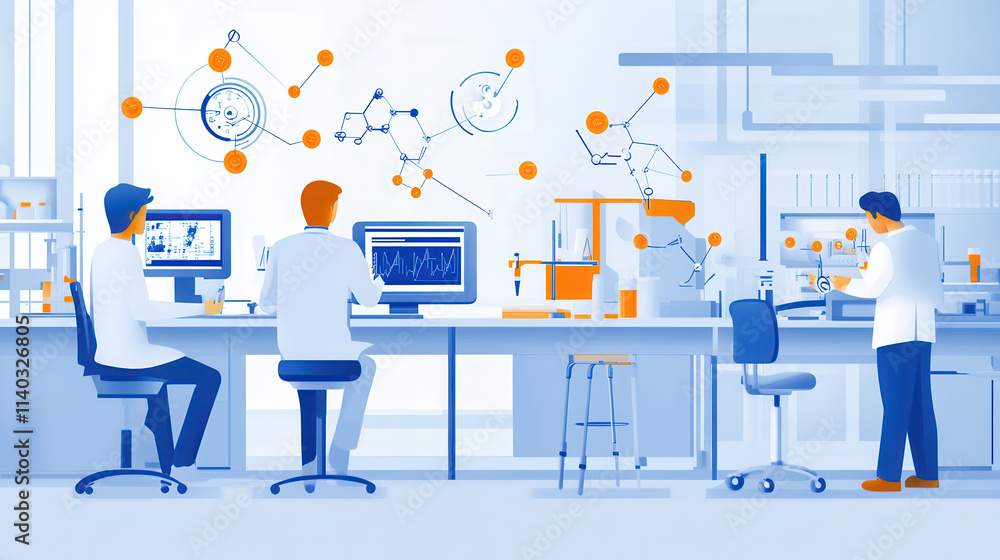 Poster team of researchers in high tech lab discusses data and conducts experiments, surrounded by advanced