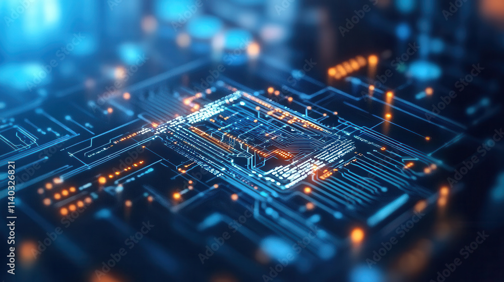 Poster glowing microchip on futuristic circuit board, showcasing advanced technology and innovation in high