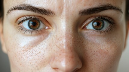 Fototapeta premium close-up girl with hyperhidrosis on her face and excessive oily sheen with enlarged pores and nevus. before and after treatment 