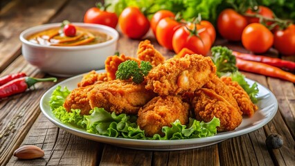Fototapeta premium Crispy Fried Chicken with Fresh Salad - Delicious Recipe Image, Food Photography, Wooden Table, Rule of Thirds