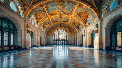 An Enchanting Baroque-Inspired Train Station with Ornate Arches, Richly Frescoed Ceilings, and Majestic Chandeliers Creating a Captivating Atmosphere