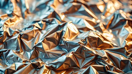 Sleek metallic foil with crinkles and reflective highlights close-up
