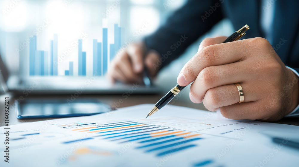 Aufkleber business analyst reviews digital revenue charts with pen in hand, analyzing data trends on desk with