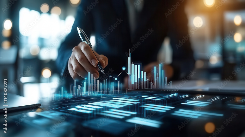 Poster business analyst reviews futuristic revenue projections on digital interface, analyzing data trends 