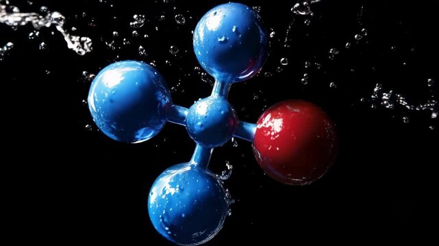 Hydrogen energy, A water molecule splitting into hydrogen and oxygen, symbolizing electrolysis for hydrogen production.