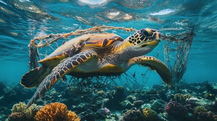 Naklejka premium A sea turtle swims through ocean debris, highlighting marine pollution issues.