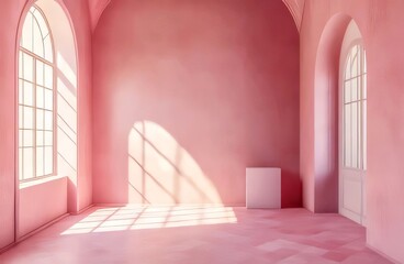 Sunlit pink room with arched windows and a blank cube.