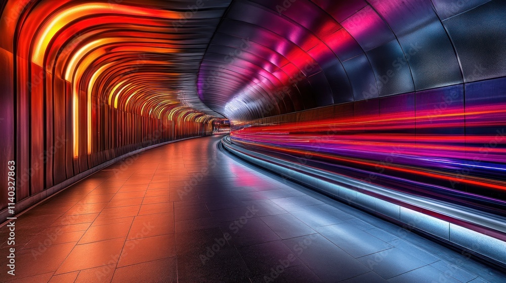 Poster a vibrant, illuminated tunnel showcasing dynamic light trails and a curved perspective.