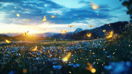Whimsical fireflies lighting up a meadow at dusk nature illustration enchanted environment dreamy viewpoint
