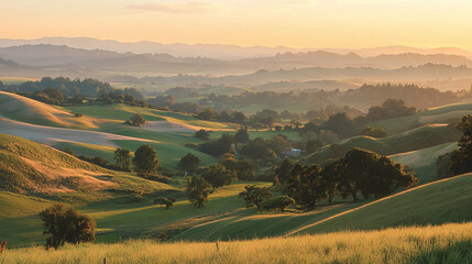 A picturesque view of rolling hills and farmland at dusk