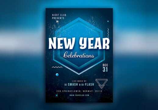 New Year Celebrations Flyer or Poster with Event Details in Abstract Blue Color.