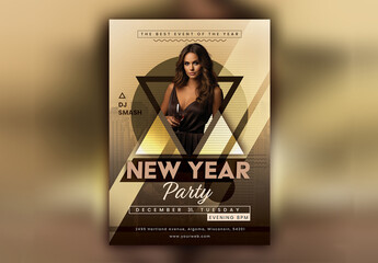 New Year Party Flyer or Poster with Attractive Woman Enjoying Wine in Abstract Style. - Powered by Adobe