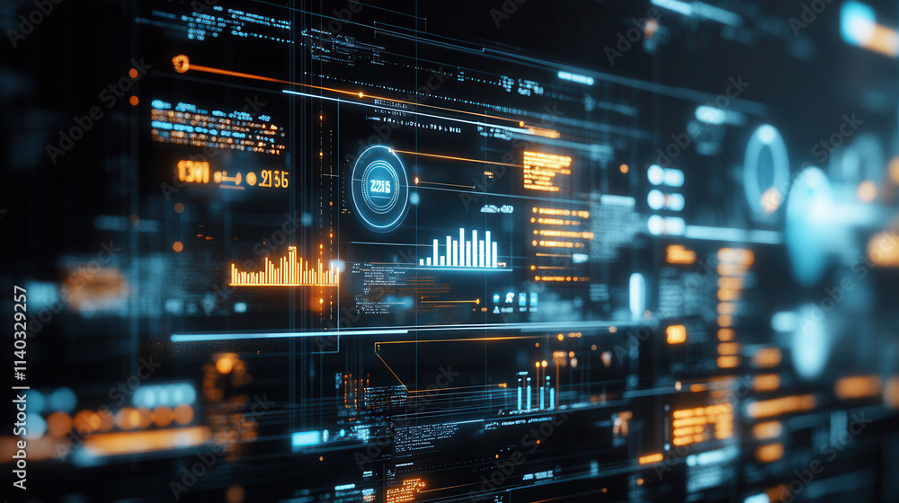 Poster futuristic digital interface with data visualization, graphs, and analytics for business planning in