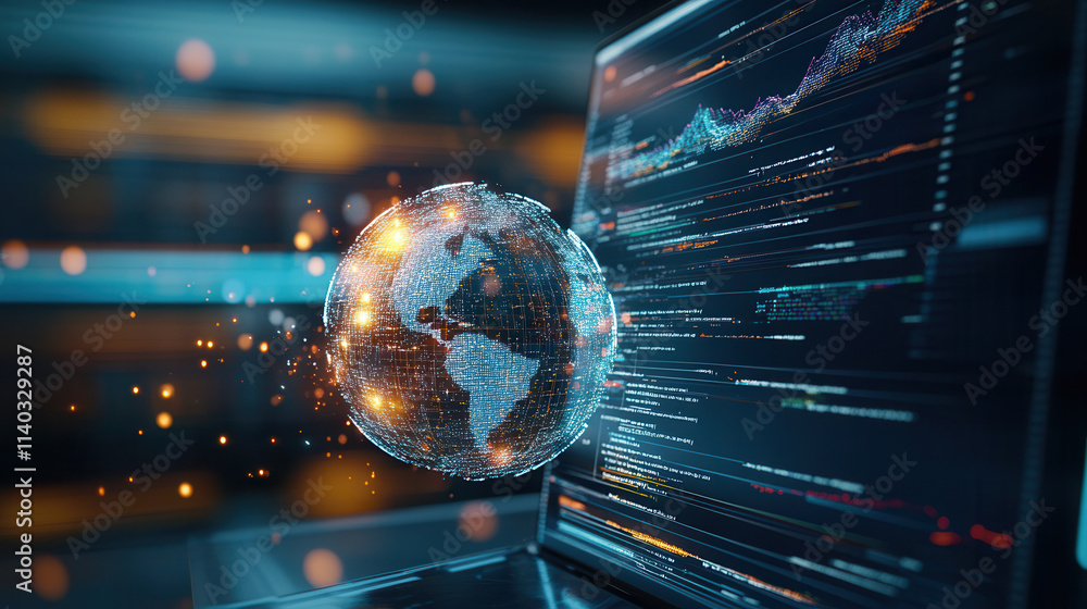 Poster glowing digital globe with data visualizations on computer screen, symbolizing global connectivity a
