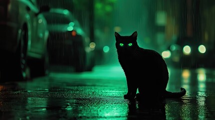 Black cat with glowing eyes sits on a rain-slicked city street at night.