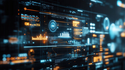 Fototapeta premium Futuristic digital interface with data visualization, graphs, and analytics for business planning in 2025