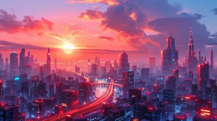 Fototapeta premium A vibrant futuristic cityscape at sunset, showcasing skyscrapers and urban life.