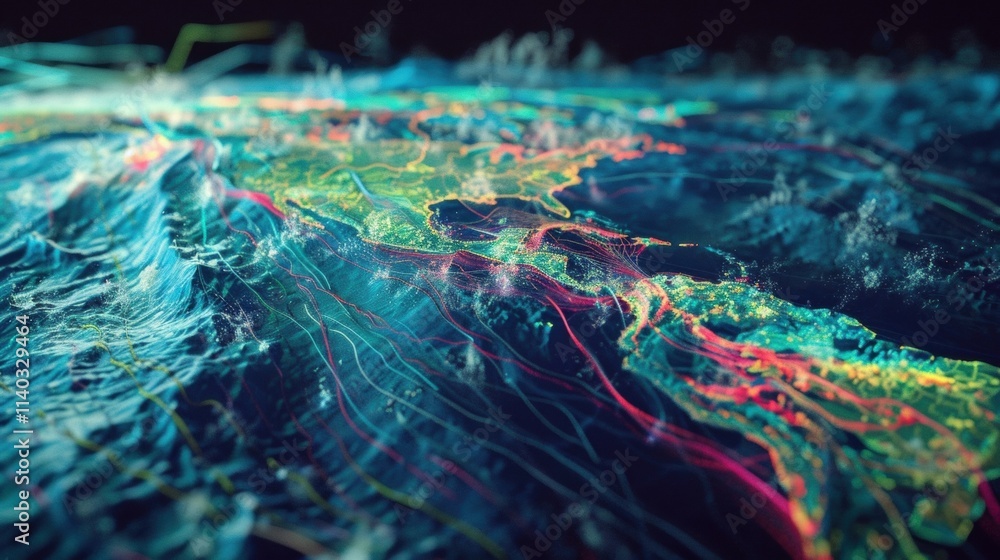 Poster colorful lines representing data flow over a 3d map of central america, visualizing the concept of b