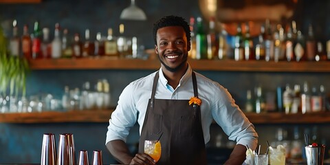 Male bartender standing behind a bar counter, mixing drinks with a smile, portrait shot