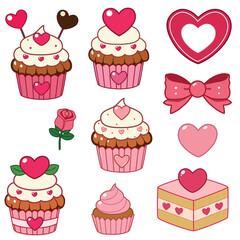 Collection of Valenetine desserts with lovely cupcakes, and other decorative elements. Vector illustration.