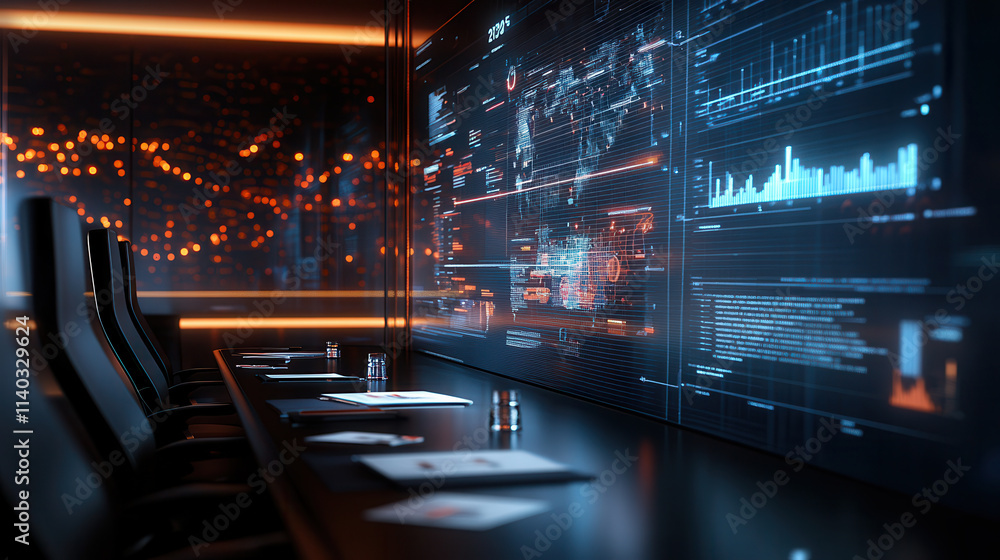 Poster futuristic boardroom with digital screens displaying business analytics and data insights