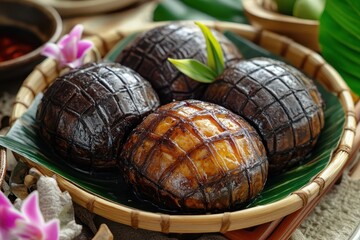 Kue ku is a traditional cake round or oval with a turtle shell appearance made from soft sticky rice and sweet filling typically red